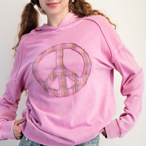 NEW EASEL CLOTHING WASHED TERRY KNIT PULLOVER PEACE HOODIE Pink SWEATSHIRT - Picture 8 of 10